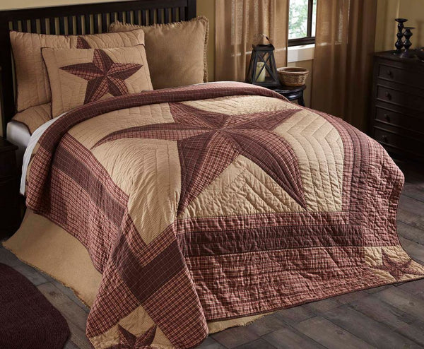 Landon Bedding Collection features khaki check with radiating borders in red and brown plaid. A large center barn star is echoed in smaller barn stars on the corners. Primitive Country Farmhouse Bedding Home Decor.