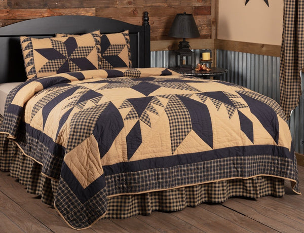 Dakota Star Black Combos, Country Primitive Quilt Bedding, black & khaki, star surrounded by a feathered pattern w/ plaid border. Primitive Country Farmhouse Bedding Home Decor.