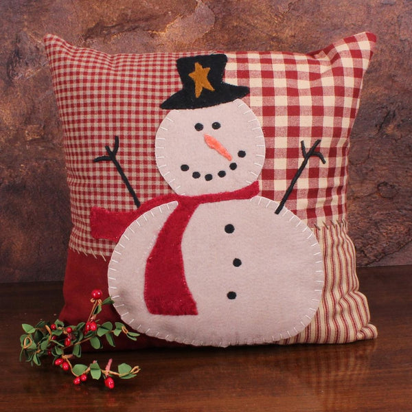Snowberry Snowman Accent Pillow – Red Farmhouse 14" x 14"