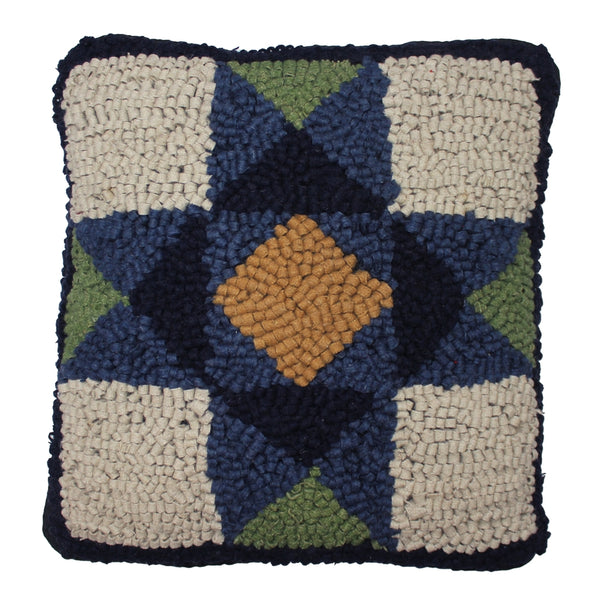 Blue Quilt Square Wool Hooked Pillow 14" | Country & Farmhouse Decor