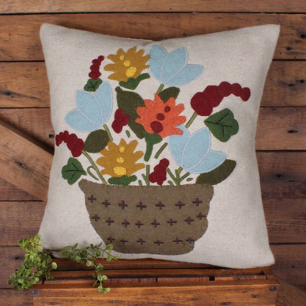 Floral Basket Wool Pillow 14"