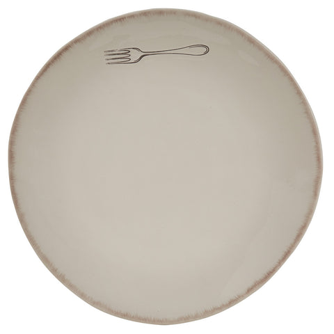 Made from high fired dolomite, the Villager ceramic dishware collection with debossed pencil sketched kitchen icons features a cream back ground and brushed edges