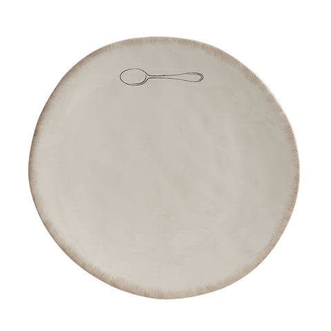Made from high fired dolomite, the Villager ceramic dishware collection with debossed pencil sketched kitchen icons features a cream back ground and brushed edges.