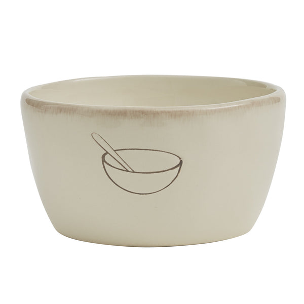 Made from high fired dolomite, the Villager ceramic dishware collection with debossed pencil sketched kitchen icons features a cream back ground and brushed edg