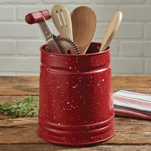 The Granite Enamelware Red Utensil Crock will add a bold pop of color to your decor! Combine with the dinner plates, salad plates, mugs, pitchers, and bowls for a complete setting! So beautiful!