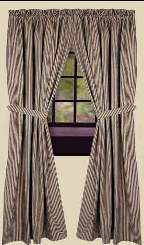 Our black and Nutmeg York Ticking panels are made of cotton. This is a 84"W x 86"L (2 pcs) set of fully lined panels with a 2" header and a 2.5" rod pocket.