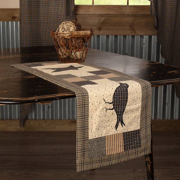 Kettle Grove 13×36 black-tan patchwork table runner with crow & star appliqués—primitive country farmhouse décor.