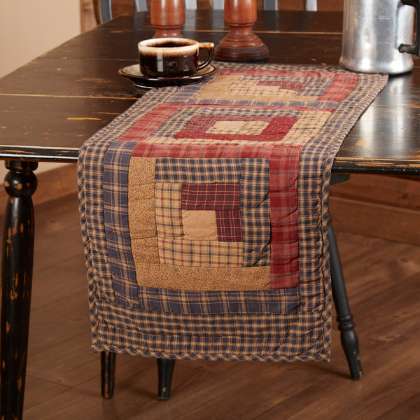 Millsboro log cabin quilted table runner 13x36 in burgundy navy tan plaid
