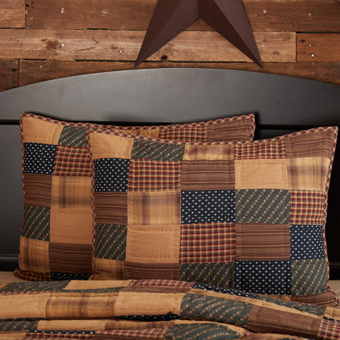 Primitive Patriotic Patch Standard Sham, 21x27. Hand-quilted 100% cotton with button closure in deep red, navy & khaki plaid. Classic Americana bedding.