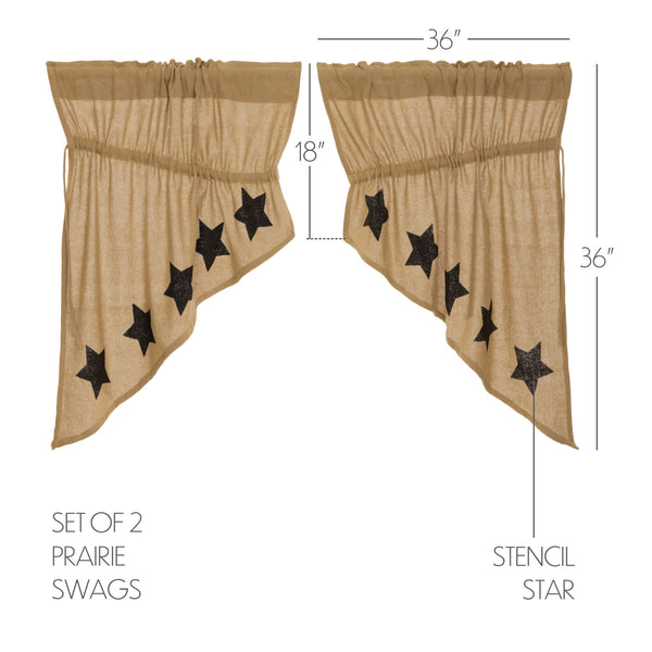 Burlap with Black Stencil Stars Prairie Swag Set of 2 36x36x18