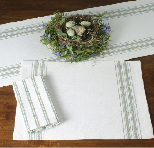 Grain Sack Sage Placemat 14x18 (set of 4)   Bring farmhouse chic to your table with the Grain Sack Stripe Sage Placemat. Pair with coordinating table runner, napkins and window treatments to complete the look. Measures 14"x18". Made of 100% cotton. Machine wash cold, gentle cycle. Line dry. Do n