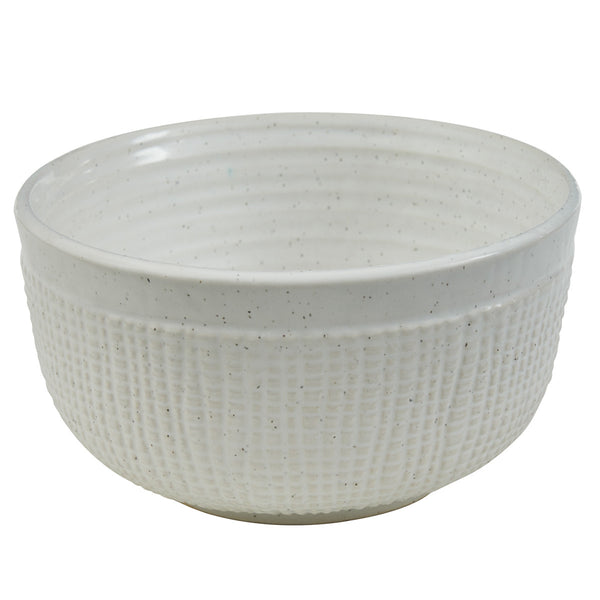 The Potter's Stone Serving Bowl is made of durable stoneware, with an elegant white background and beautiful black flecks