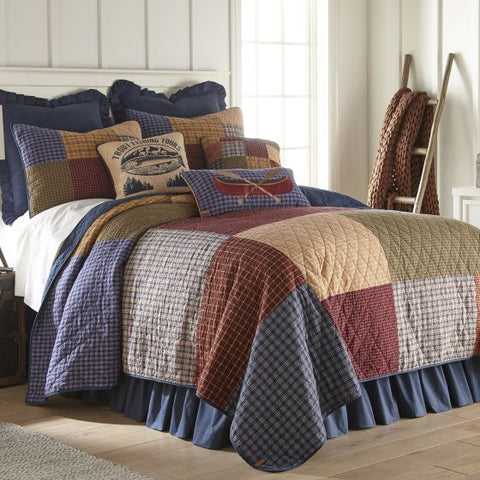 The lakehouse quilt collection features a hopscotch quilt pattern with large panels of woven fabrics in shades of navy, tan, sage, burgundy, mustard, cream, and pumpkin finished with vertical diamond quilting. Using vibrant colors to blend with fabrics in varying shades is a time-honored tradition that takes talent and an eye for detail. A true classic that will work in all styles of decor.