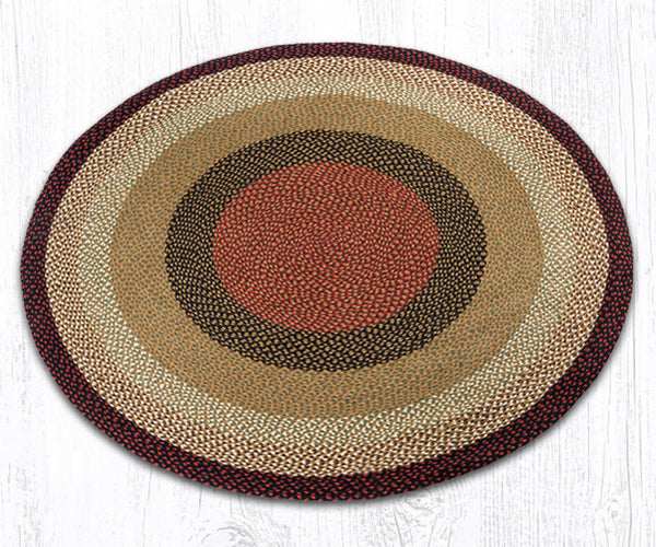 Round braided rug in burgundy, mustard, black, brown, and natural jute colors, 4'x4' size, styled in a rustic living room.