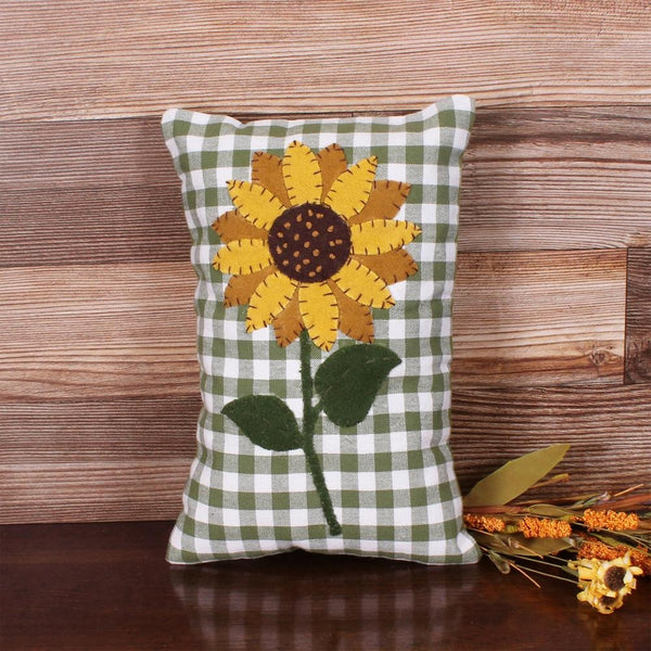 Sunflower Sage Check Pillow 8x12 with cream and sage check and sunflower applique