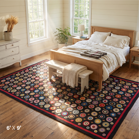 Coin Multicolor Primitive Wool Felt Area Rug 6x9 with colorful hand-stitched circles on a black background