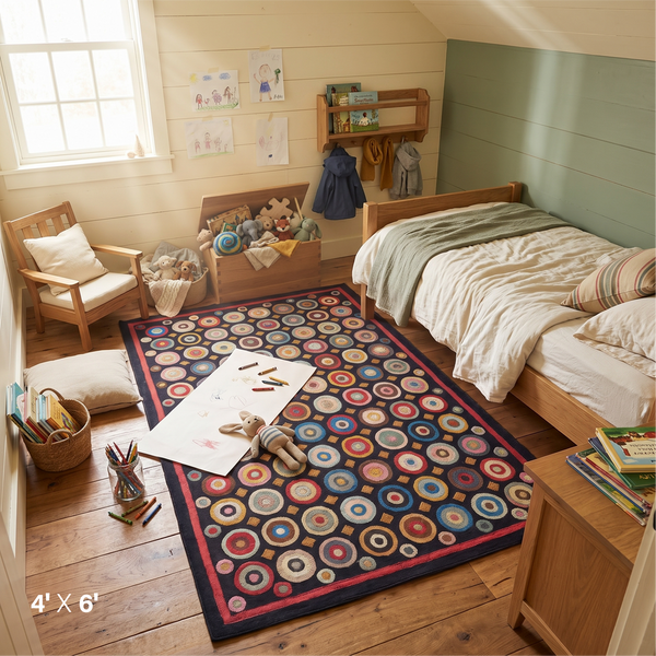 Shop the 4x6 Coin Multicolor Primitive Wool Felt Area Rug. Colorful hand-stitched circles on black with cotton backing and traditional folk-art charm.