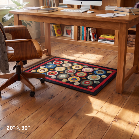Coin Multicolor Primitive Wool Felt Accent Rug 20x30 with colorful circular motifs on black beneath a wooden desk