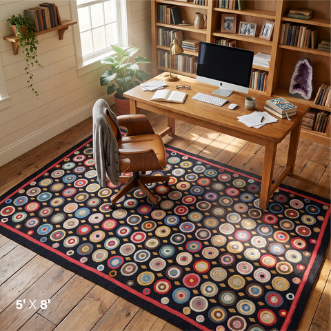 Coin Multicolor Primitive Wool Felt Area Rug 5x8 featuring colorful hand-stitched circles on black