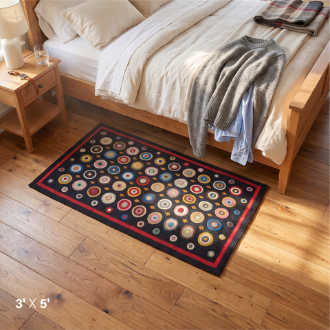 Coin Multicolor Primitive Wool Felt Area Rug 3x5 featuring colorful hand-stitched circles on black