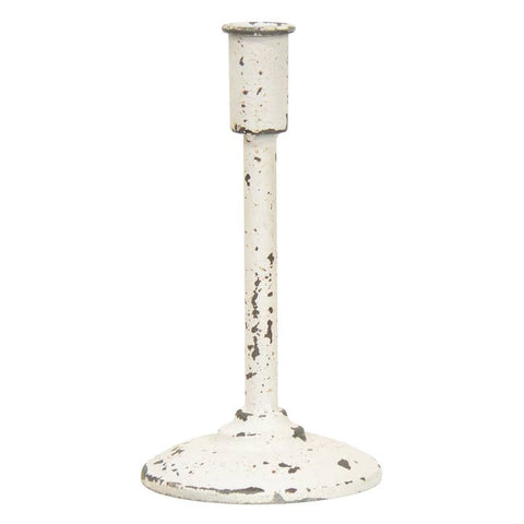 Bring rustic charm to any room with the Small Distressed White Candle Holder! At 9-inches by 4.75-inches this metal holder features a slim silhouette, weathered detailing, and a large circular base that looks great with simple taper candles up to 1.125" in diameter. It can be used as a centerpiece or to decorate in weddings and looks great on a mantel or console table. Color: White.