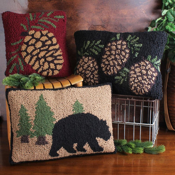 Three Pinecone hooked  Pillow 14x20