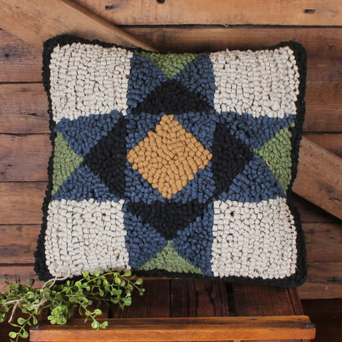 Blue Quilt Square Wool Hooked Pillow 14" | Country & Farmhouse Decor