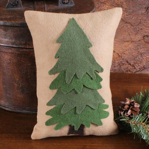 Evergreen Tree Pillow 8x12 with wool felt evergreen motif. Perfect rustic accent for primitive, farmhouse, and lodge décor. Cozy pillow for sofa, chair, or bed.