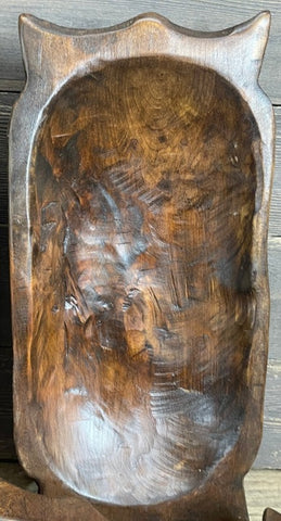 Deep Farmhouse Dough Bowl With Handle. This hand carved, rustic solid wooden dough bowl measures about 10-12 inches wide x 18-20 inches long. The depth on these beautiful bowl is about 2 inches. See website for free shipping offer. Primitive Country Farmhouse Home Decor.