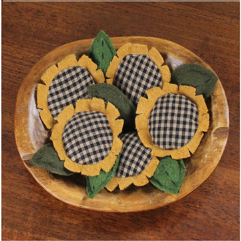 Sunflower Fills Set of 6, is perfect for adding charm to accent bowl, tier stands, centerpieces, and more. The sunflower fills set includes 6 wool felt leaves and 5 cotton and wool felt sunflowers.