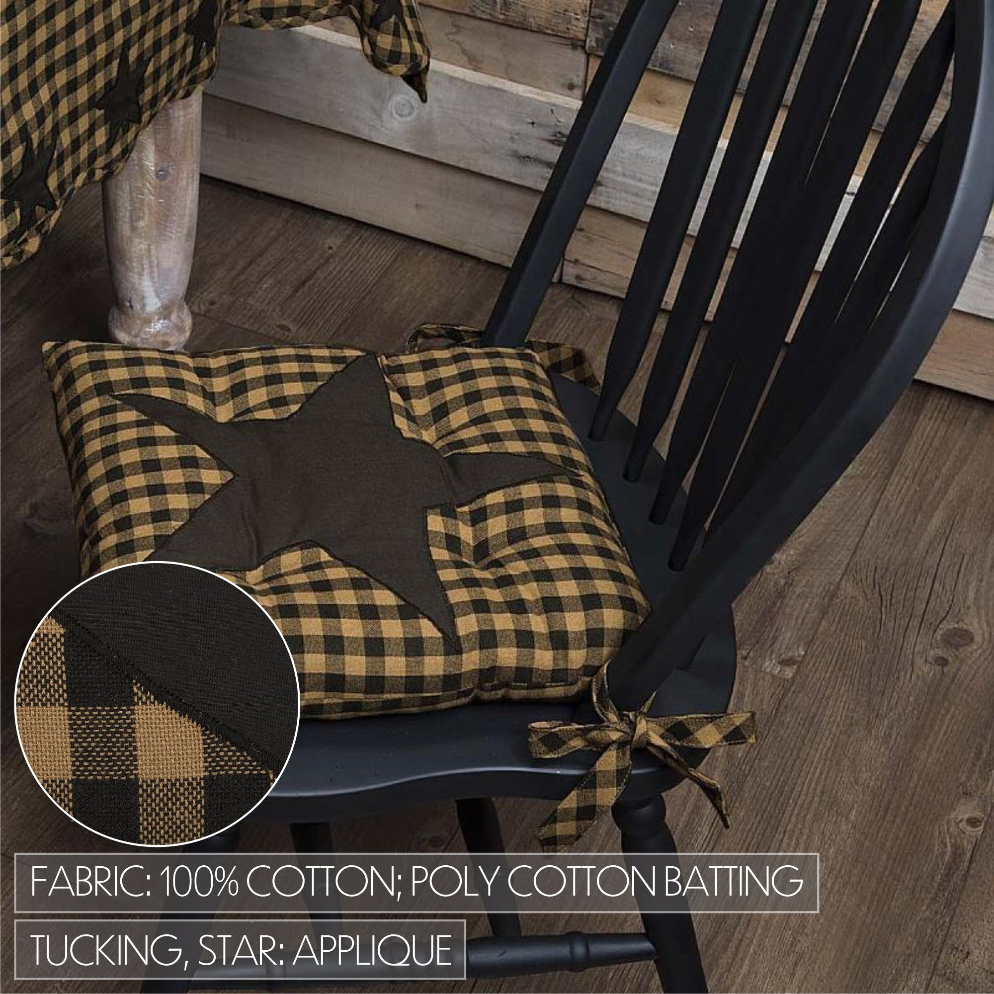 thumbnail image 2 of VHC Brands Primitive Plaid Chair Pad - Black Kettle Tie - 14" Square For Kitchen/Dining 2 of 3