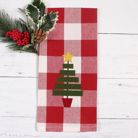 O' Christmas Tree Check Towel Set of 2 featuring a Christmas tree appliqué with star topper on a red and cream buffalo check background for primitive holiday decorating.