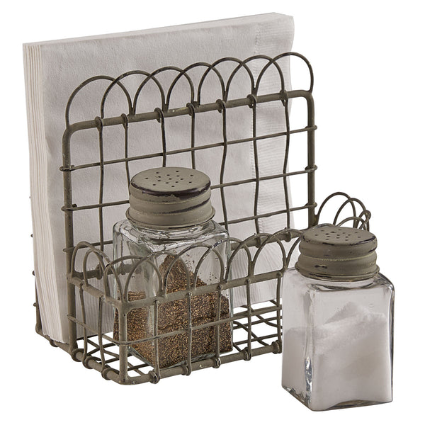Zinc Wire Salt & Pepper Caddy with napkin holder