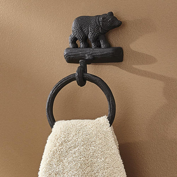 Our Moose and Bear metal items have been so popular, we added Cast Black Bear Ring Hook. Featuring great detail with a brown burl finish, these additions offer the perfect complement to our wide array of lodge bath accessories, including the Cast Black Bear Single  Hook and Cast Black Bear Towel Bar.