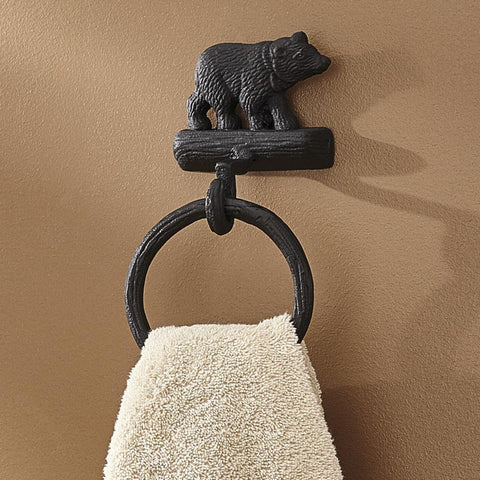 Our Moose and Bear metal items have been so popular, we added Cast Black Bear Ring Hook. Featuring great detail with a brown burl finish, these additions offer the perfect complement to our wide array of lodge bath accessories, including the Cast Black Bear Single  Hook and Cast Black Bear Towel Bar.