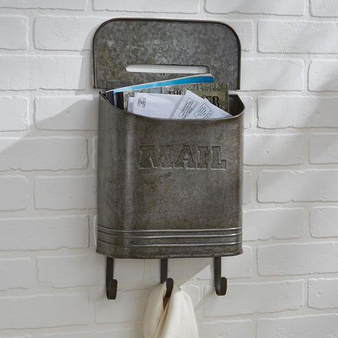 Galvanized Mailbox with Hooks, use indoors to place your outgoing mail OR outdoors to receive your incoming mail. Either way it's super cute and the 3 hooks offers you a way to accent it with hanging seasonal items or something practical!