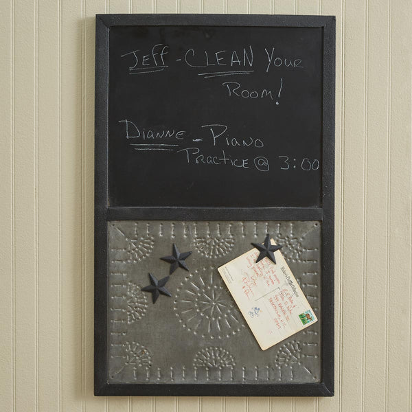 A cute framed chalkboard with punched galvanized tin accent memo board! Dimensions: 24" H x 15" W x 1" D Material: Wood and metal
