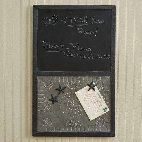A cute framed chalkboard with punched galvanized tin accent memo board! Dimensions: 24" H x 15" W x 1" D Material: Wood and metal