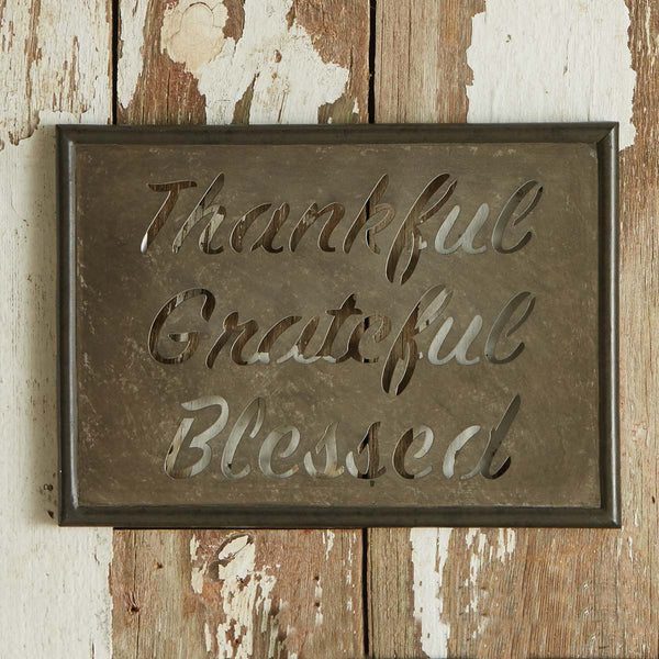 Thankful Grateful Blessed Galvanized Sign  Dimensions: 10" H x 14" W x 1.25" D