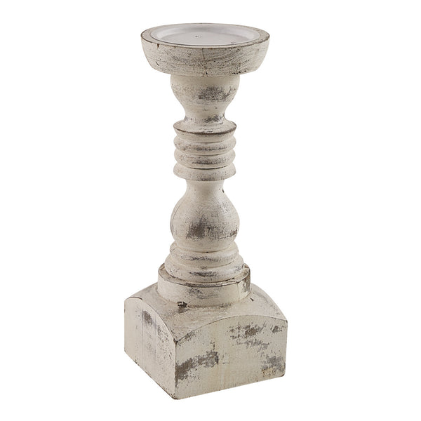 Add character and charm with the Brighton Wood Candlestick. Sure to bring a rustic, vintage look to any environment. Classic turned wood in weathered, white distressed finish. Stylish as part of a stunning centerpiece, on the mantel or hearth, or any place that needs an eye-catching visual element. Perfect to enhance any decor style in your living space.