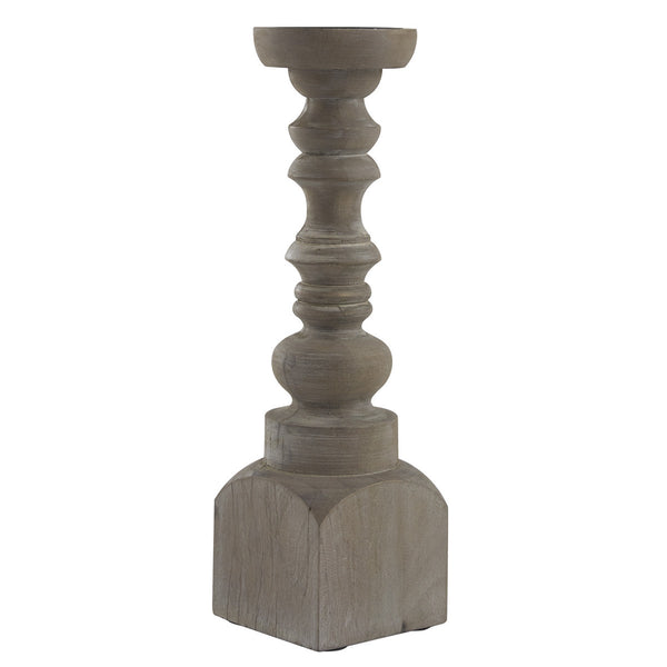 Add natural character and farmhouse charm with this wooden candle holder. Sure to bring a rustic, vintage look to any environment. Classic turned wood in weathered, distressed finish. Stylish as part of a stunning table centerpiece display, on the mantel or hearth, or any place that needs an eye-catching visually aesthetic element. Perfect to enhance any decor style in your living space.