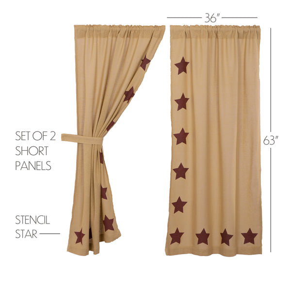 Burlap w/Burgundy Stencil Stars Short Panel Set of 2 63x36