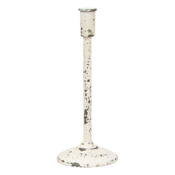 Lend a touch of classic style to any space with the Medium Distressed White Candle Holder! At 11.75-inches by 4.75-inches this metal holder has a slim silhouette and a large circular base that perfectly suits taper candles up to 1.125" in diameter. It has an aged finish and looks great in a centerpiece or on a mantel. Color: White.