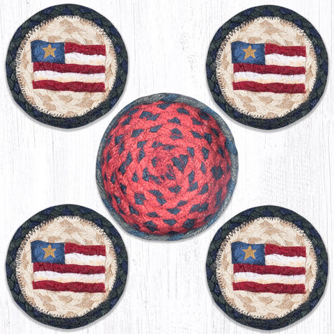 CNB-15 Primitive Star Flag Coasters in a Basket 5"x5"