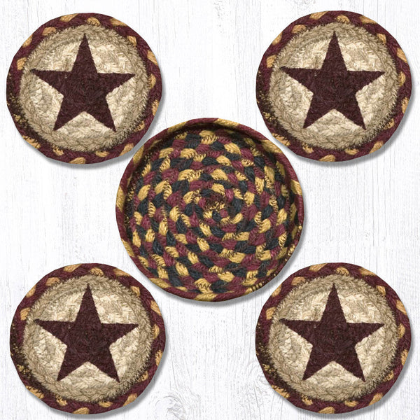 CNB-357 Burgundy Star Coasters in a Basket 5"x5"