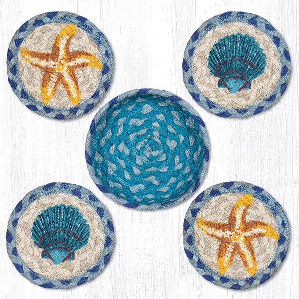 CNB-378 Starfish Scallop Coasters in a Basket 5"x5"