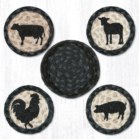 CNB-459 Barnyard Animals Coasters in a Basket 5"x5"