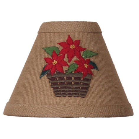 New Poinsettia Basket Lampshade featuring embroidered red poinsettias in a basket on neutral cotton fabric displayed on a candle lamp.