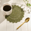 Addison Matcha Green 8-inch round crochet trivet with scalloped edge for country farmhouse kitchen decor