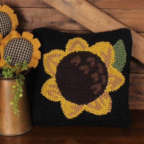 Sunflower Wool Hooked Pillow 14"